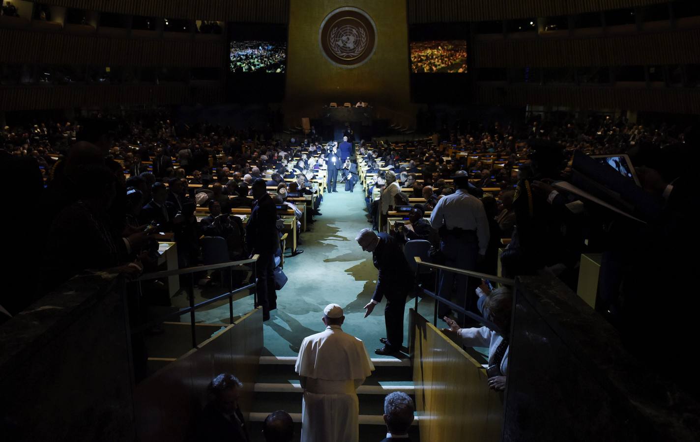 La histórica visita del Papa a las Naciones Unidas. Francisco, a su entrada en la Asamblea General de la ONU.