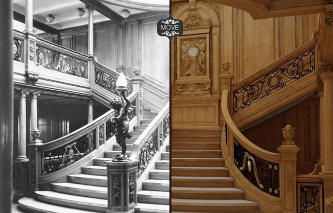 Escalera del Titanic original y de la réplica. 