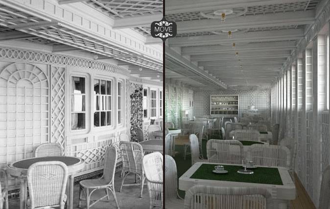 Café parisino del Titanic original y de la réplica. 
