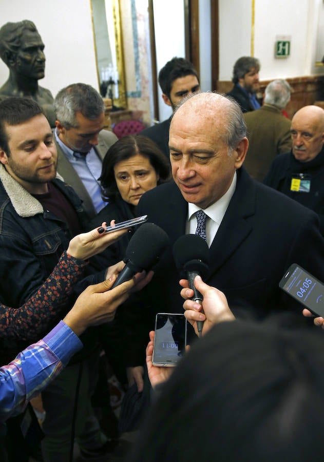 El ministro del Interior en funciones, Jorge Fernández Díaz, atiende a los medios de comunicación antes de entrar a la Cámara Baja.