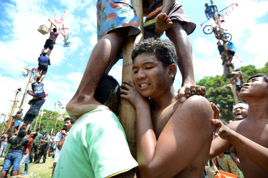 Tailanda celebra su Día de la Independencia de una manera muy peculiar: colocan en vertical los troncos talados de nogales que engrasan con aceite para dificultar la llegada a la cima en la que se encuentran varios premios. 