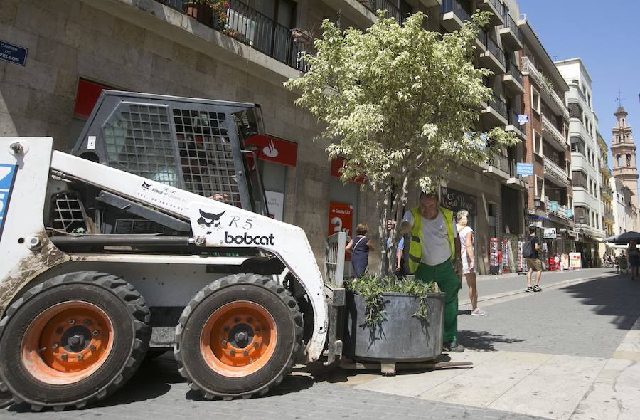 Fotos de la instalación de maceteros contra ataques terroristas