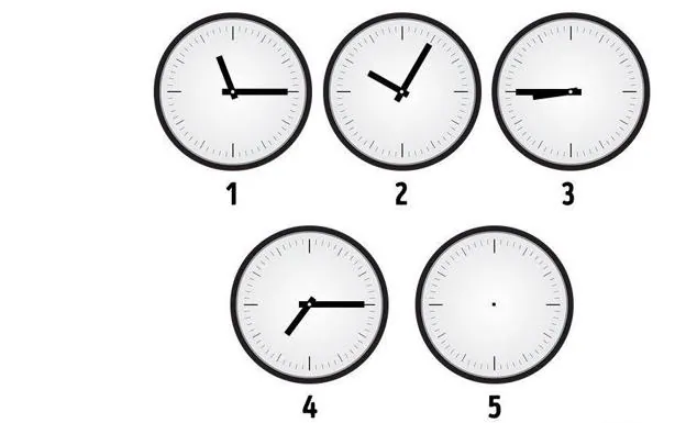 ¿Qué hora debe mostrar el reloj número 5?