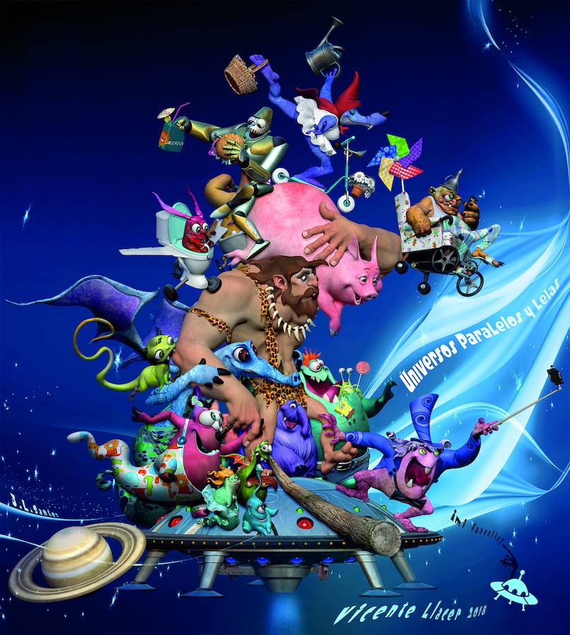 Falla Sueca-Literat Azorín. Lema: 'Universos Paralelos y Lelas'. Artista: Vicente Llácer Rodrigo. Diseño: José Luis Santés