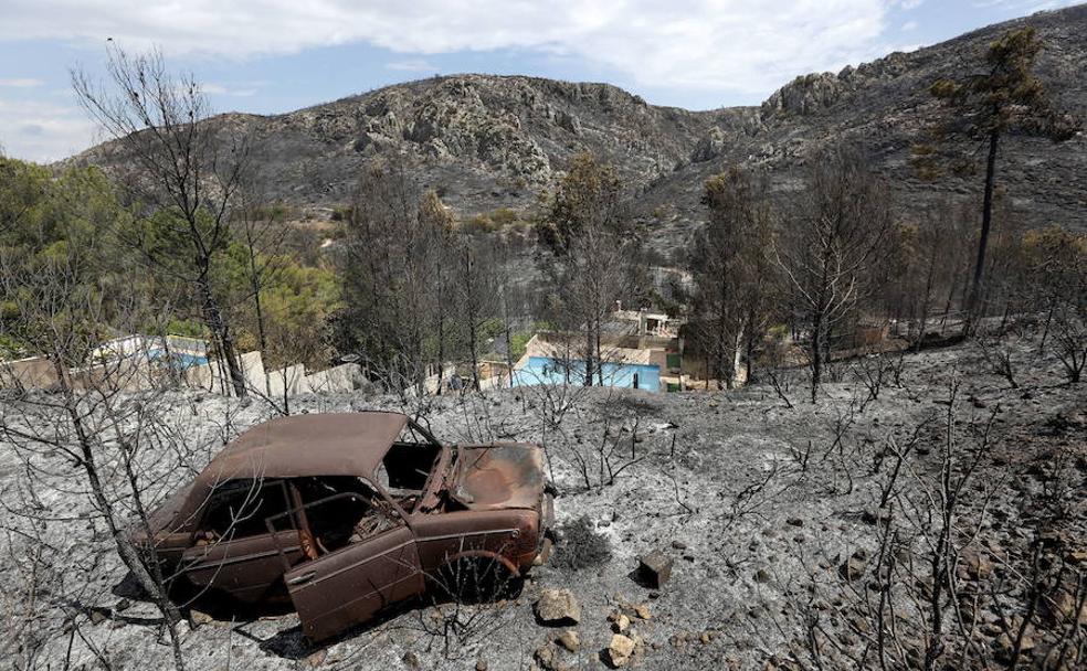 Un coche calcinado en el incendio forestal que afectó el término de Carcaixent en junio de 2016.