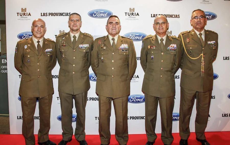 El coronel Enrique Manglano, el delegado de Defensa en la Comunitat Rafael Morenza, el general Franciso Gan, jefe del CGTAD de Bétera, el general de división Juan Montenegro, jefe de Estado Mayor, y el teniente coronel Brunete. 