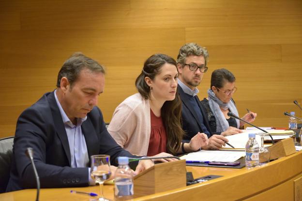 Miembros de la mesa presidencial de la comisión de Ciegsa en Les Corts, ayer. 