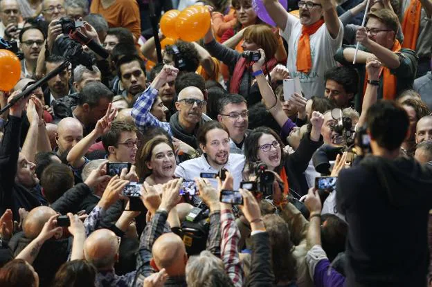 Errejón, Colau, Iglesias y Oltra en el cierre de campaña de las elecciones generales de 2015. 