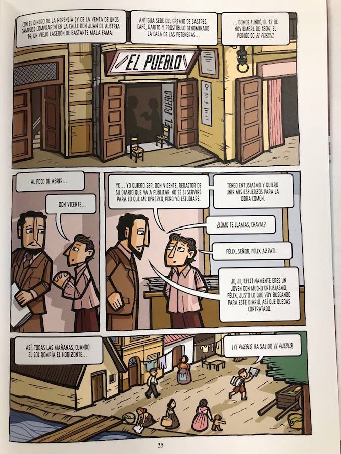 Y se centra durante unas viñetas en la importancia de El Pueblo para el escritor. Un diario conocido públicamente como republicano que nació en 1894 y que tendría su sede en la calle Don Juan de Austria.