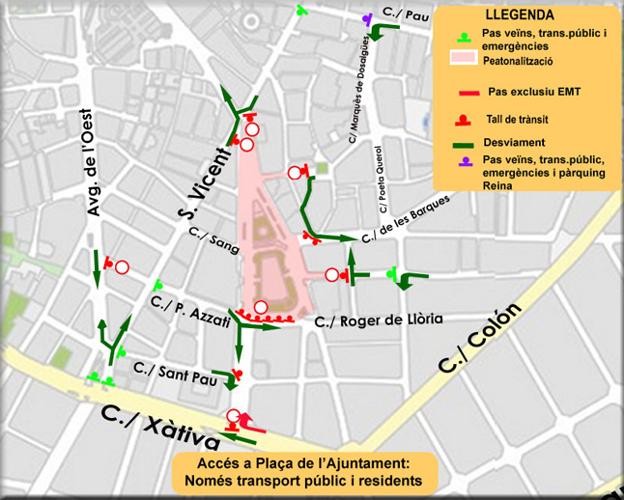 Plano con los cortes y desvíos elaborado por el Ayuntamiento de Valencia.