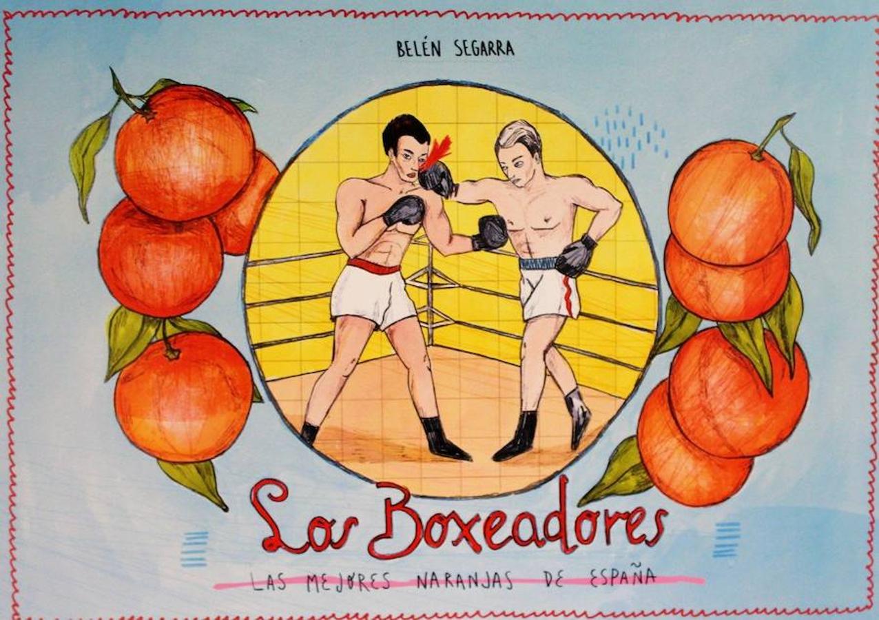 Ilustración Etiqueta de Naranjas: En esta misma tienda es posible encontrar el trabajo de la valenciana Belén Segarra, como esta lámina (Los boxeadores) que rememora las clásicas etiquetas de naranjas.