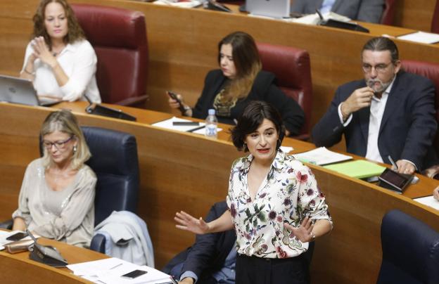 La consellera de Sanidad del Gobierno valenciano, Carmen Montón, durante una intervención en el pleno de Les Corts. 