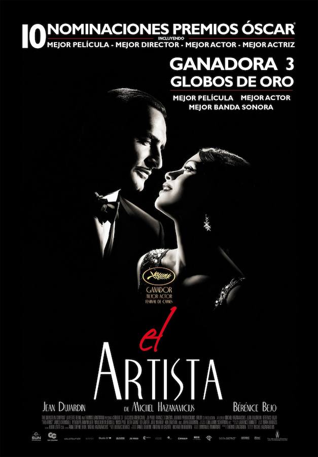 7. El artista. Una película francesa mezcla de drama y comedia romántica al estilo de una obra muda en blanco y negro.​ Escrita y dirigida por Michel Hazanavicius, está protagonizada por Jean Dujardin y Bérénice Bejo. La historia toma lugar en Hollywood, entre 1927 y 1932, y está enfocada en la relación de una vieja estrella del cine mudo y una exitosa actriz joven, cuando el cine mudo pasó de moda y fue reemplazado por el cine sonoro.