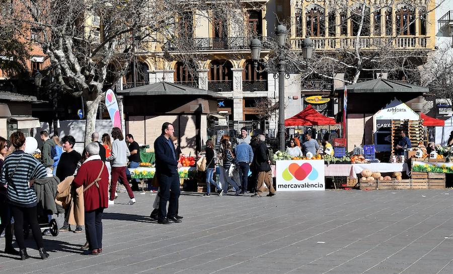 La plaza del Ayuntamiento de Valencia ha acogido este domingo la tercera edición del mercado de proximidad 'De l'Horta a la Plaça', en el que 55 productores y diez puestos de distribución han compartido el céntrico enclave de la ciudad con talleres, charlas y música. La propuesta de fomento de la producción agrícola de proximidad organizada por la Concejalía de Agricultura y Pueblos de Valencia arrancó a las 10 de la mañana con actividades divulgativas, culturales y lúdicas.