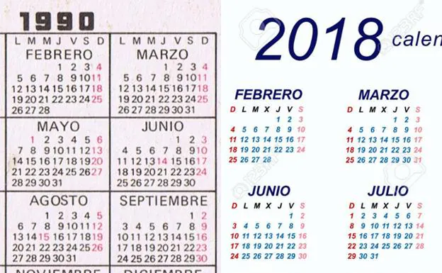 Calendarios de los años 1990 y 2018.