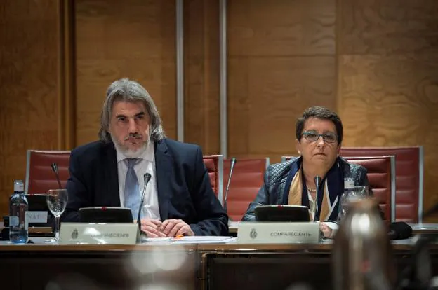 El abogado de la plataforma del ex de Cs, Alberto Ganga, y la presidenta, Inmaculada Sánchez Ruiz, en el Senado. 