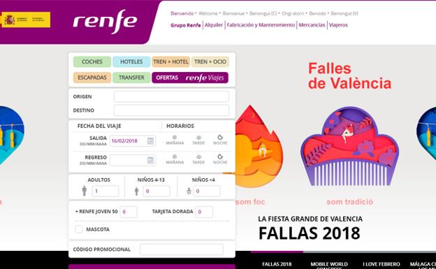 La página web de Renfe, con un anuncio de su campaña para Fallas.