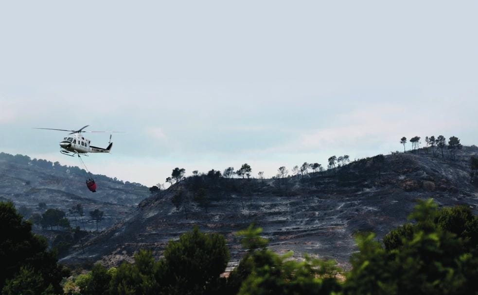 Un helicóptero sobrevuela un paraje asolado por el fuego . 