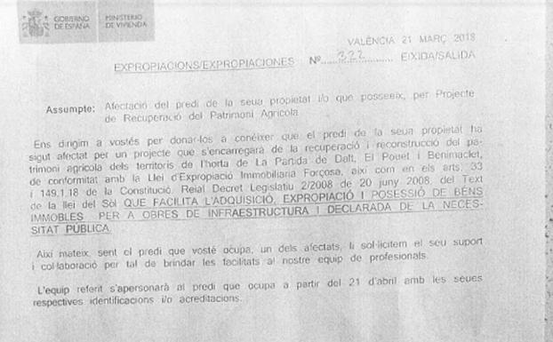 Falso aviso de expropiación, con el logotipo del Gobierno de España en la cabecera.