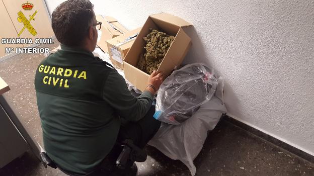 Un guardia civil con la marihuana incautada. 