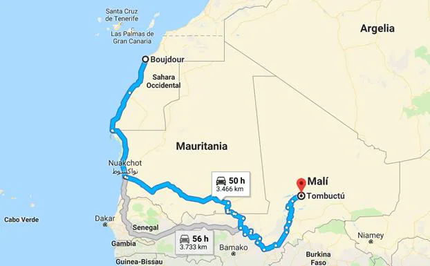 Dos posibles trayectos de Bujador a Tombuctú en coche, atravesando media África Occidental.