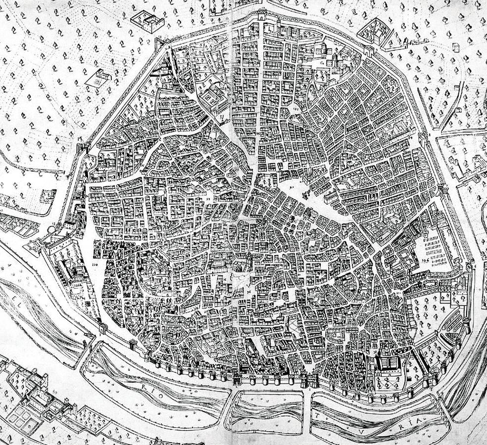 Plano de 1608. Plano de Valencia de Mancelli donde se observan las puertas de la ciudad.