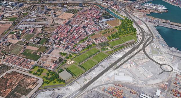 Figuración de la futura ciudad deportiva entre el barrio de Nazaret y la zona portuaria. 