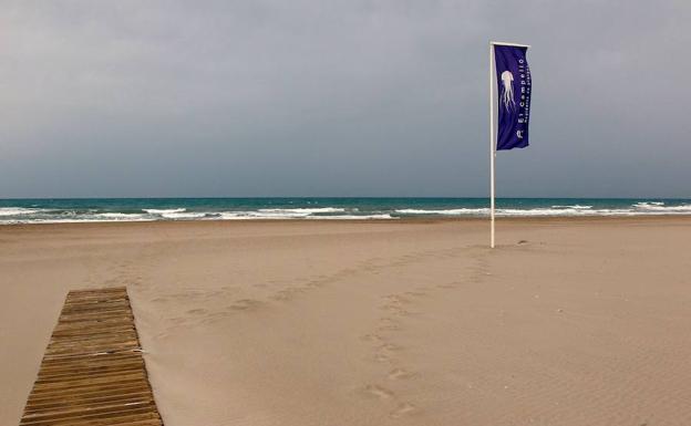 Una bandera alerta de la posible presencia de medusas «Carabela portuguesa» en la playa de Muchavista (Campello), en Alicante.