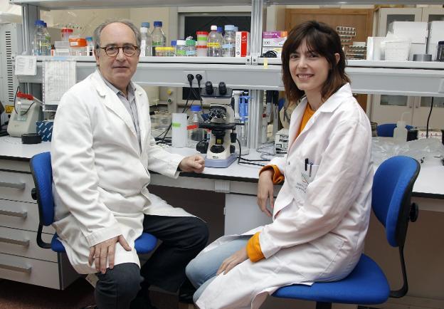 Los investigadores Nicolás Cuenca e Isabel Ortuño Lizarán, en el laboratorio de la Universidad de Alicante donde realizan su trabajo. 