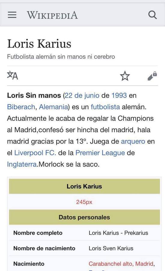 Modificación en la entrada en español en Wikipedia del portero del Liverpool. Un aficionado muy enfadado con Karius editó su perfil.