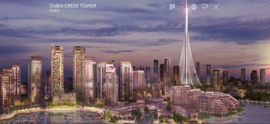 La torre La torre de Dubai Creek, diseñada por el arquitecto e ingeniero valenciano Santiago Calatrava, acaba de completar su cimentación, marcando "un nuevo hito en el proceso de su construcción". A comienzos del mes de septiembre de 2017 comenzó a verterse el hormigón que se ha prolongado durante ocho meses, dos menos que los previstos, destacan desde el estudio del autor. La cimentación de la Torre se ha desarrollado a través de múltiples capas escalonadas de hormigón de aproximadamente 20 metros de grosor que cubre y transfiere la carga a los pilotes de la base. Para cumplir este hito, ha sido necesario verter 50.000 metros cúbicos de hormigón, con un peso total cercano a las 120.000 toneladas, equivalente a la torre CN de Canadá. También ha sido necesario utilizar 16.000 toneladas de acero para reforzar la estructura, equivalentes a más de dos veces el peso de la Torre Eiffel.