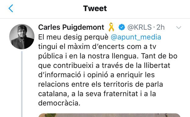 El mensaje de Puigdemont en Twitter.