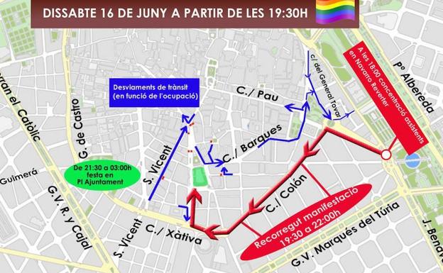 Calles cortadas hoy en Valencia por la manifestación del Orgullo LGTBI 2018