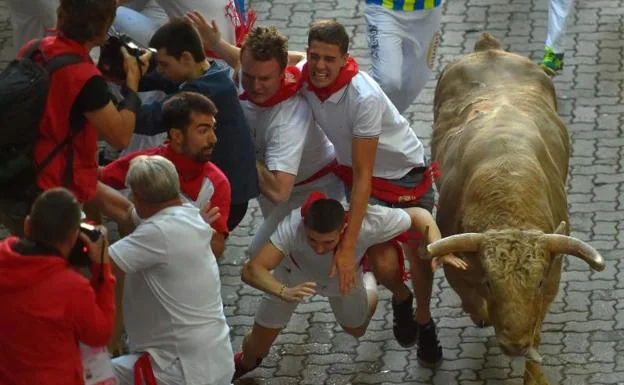 Los toros y los corredores, juntos en Pamplona.