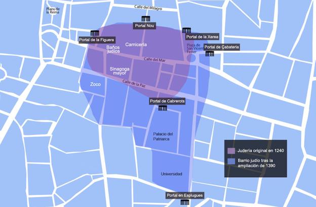 Así era la zona judía en referencia a la Valencia actual, con los principales portales de entrada al área semita en sus dos ampliaciones. Un callejero donde la modernización urbanística fue cambiando la arquitectura y fisionomía del centro histórico de la ciudad. 