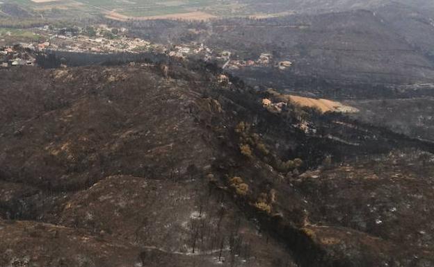 Vista de la zona arrasada por el incendio de Llutxent.