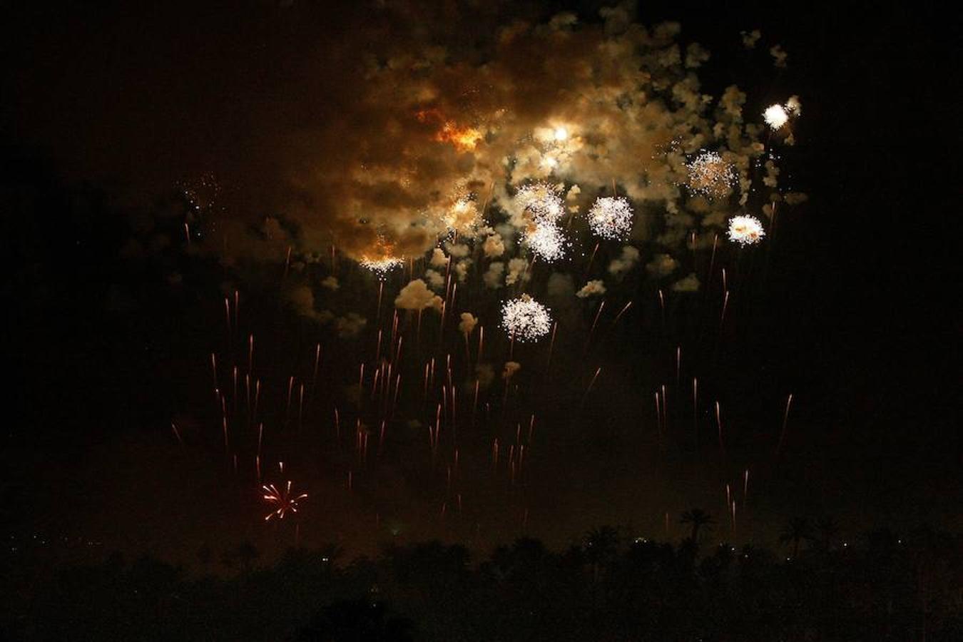 El espectáculo pirotécnico de la Nit de l'Albà ha llendo esta noche de sonido, luz y color el cielo de Elche con más de 64.000 cohetes y 450 palmeras que se disparan desde diferentes puntos de la ciudad.