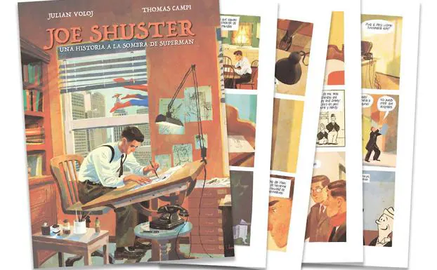 Portada de la novela gráfica 'Joe Shuster' sobre varias páginas. 