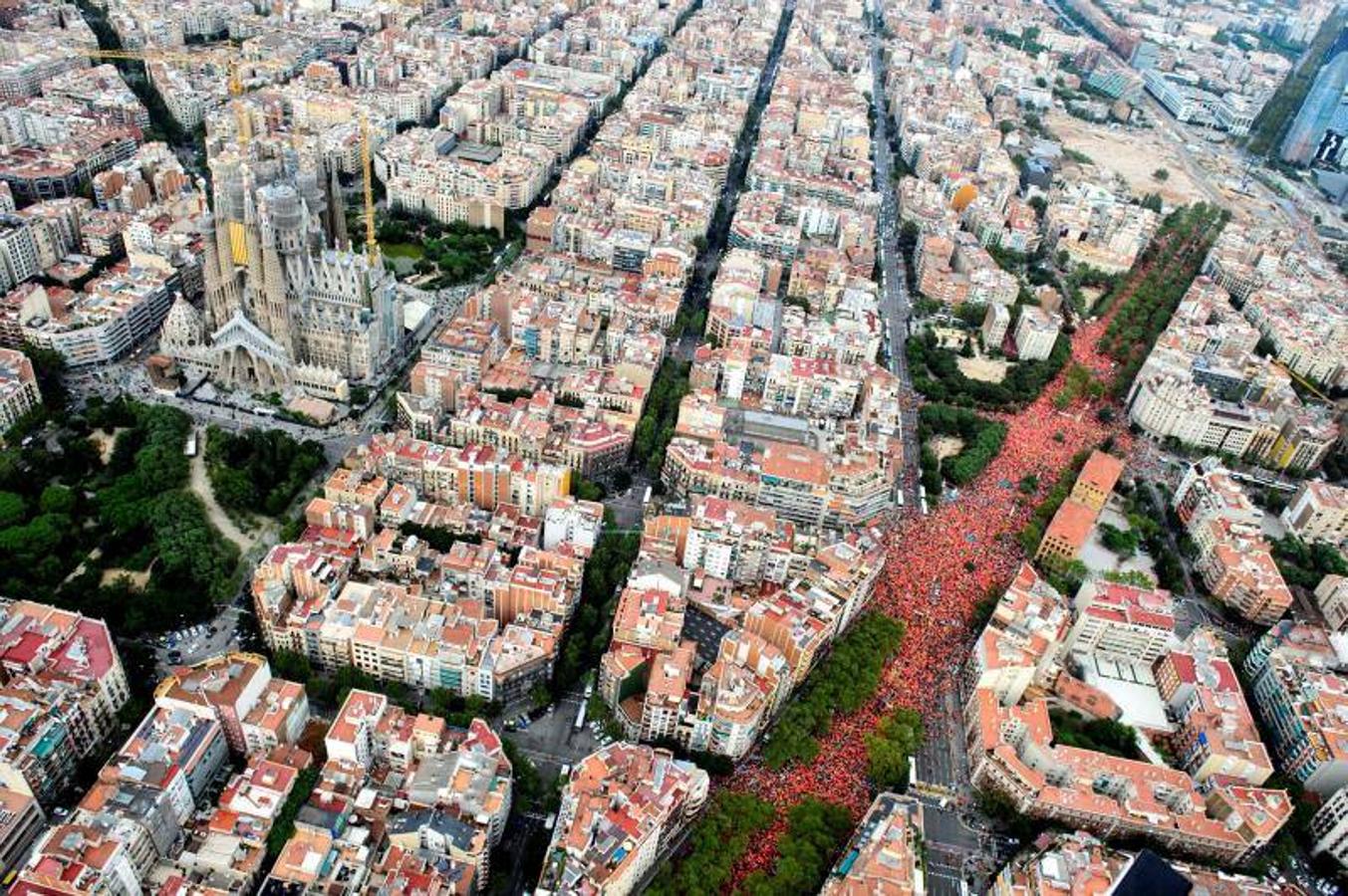 Esteladas, camisetas fluorescentes de color coral patrocinadas por la Asamblea Nacional Catalana (ANC) y lazos amarillos inundan las calles