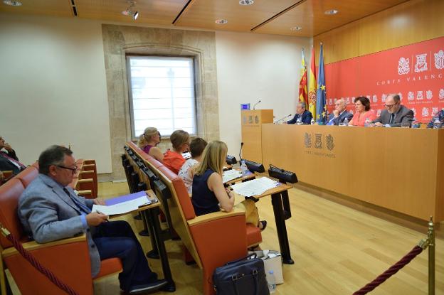 El Síndic de Greuges José Cholbi y su adjunto, Ángel Luna, en la presentación de su último informe anual en Les Corts. 