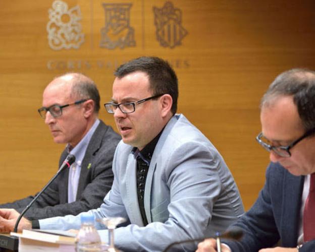 Marc Pallarés, en el centro, durante una comisión sobre la televisión valenciana en Les Corts. 