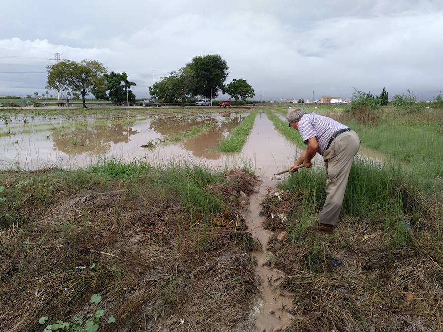 Un agricultor intenta achicar el agua acumulado en el campo en Almàssera