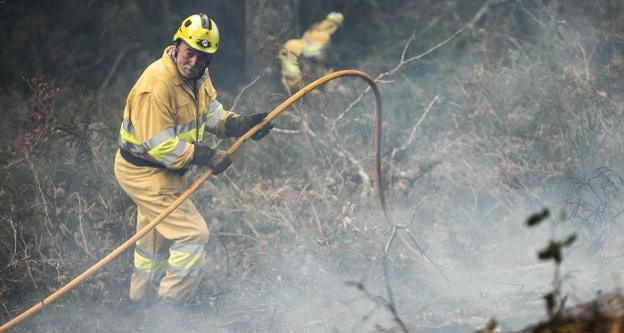 Un bombero participa en la extinción de un incendio en Bárcena Mayor (Cantabria), en un bosque lleno de arbustos y maleza, en 2015. 
