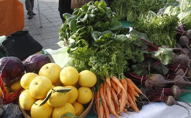 Mercado de frutas y verduras en la plaza del Ayuntamiento de Valencia.