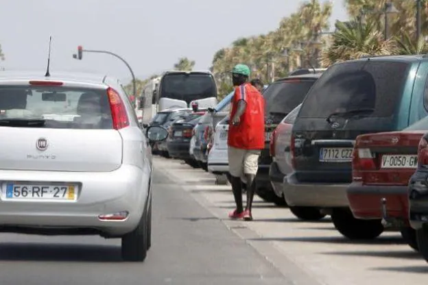 Un gorrilla, en un aparcamiento cerca de la playa. 