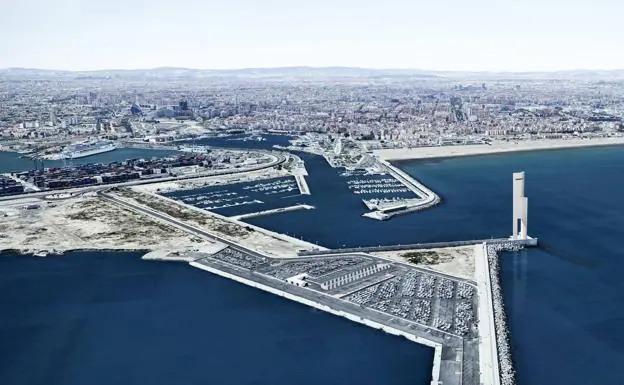 Figuración virtual de la Torre Eólica sobre una imagen aérea de la Marina y el puerto.