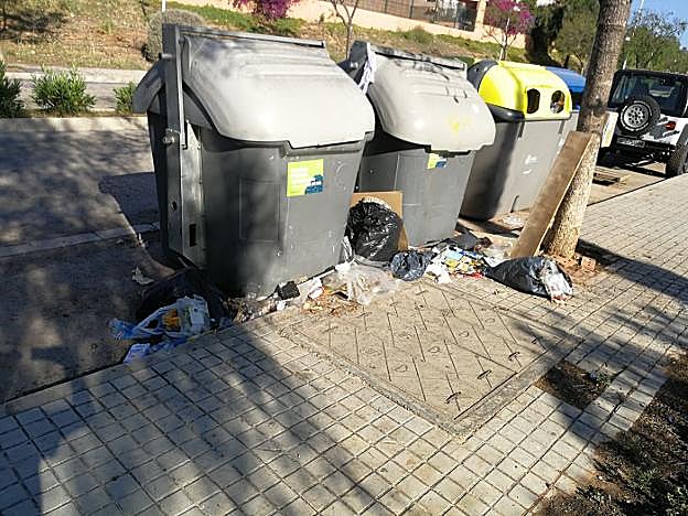 Contenedores rotos y acumulación de basura en una de las avenidas de Masías. 