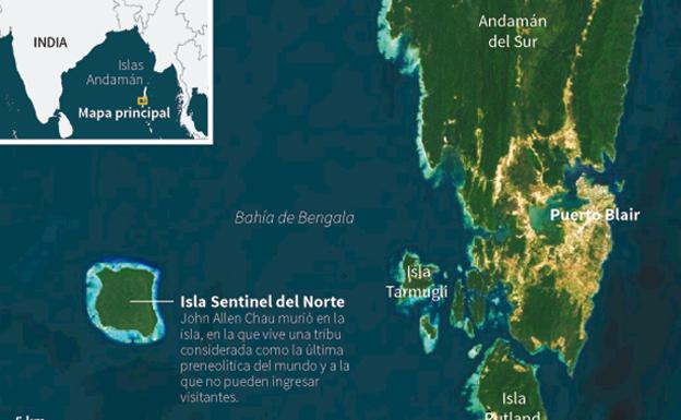 Mapa de la isla Sentinel del Norte, al este de la India.