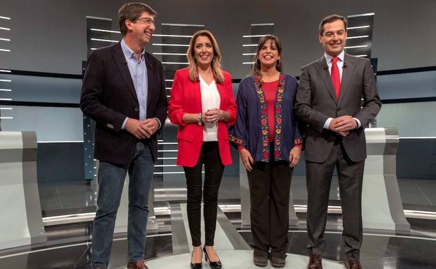 Los cuatro principales candidatos a la Presidencia de la Junta de Andalucía (de izq a dcha): Juan Marín (Ciudadanos), Susana Díaz (PSOE), Teresa Rodríguez (Adelante Andalucía) y Juanma Moreno (PP). 