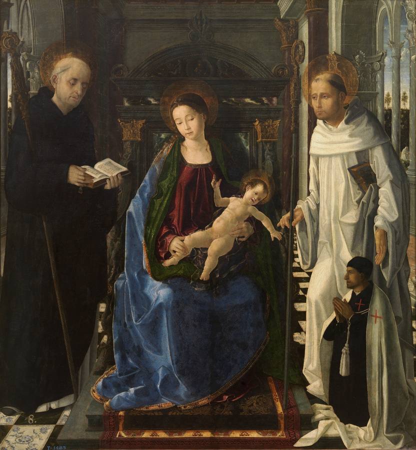 Virgen del caballero de Montesa. San Leocadio. 1472--1476. Esta obra es un óleo sobre tabla. El Prado destaca que se trata de una de las más significativas en la introducción de la pintura renacentista.